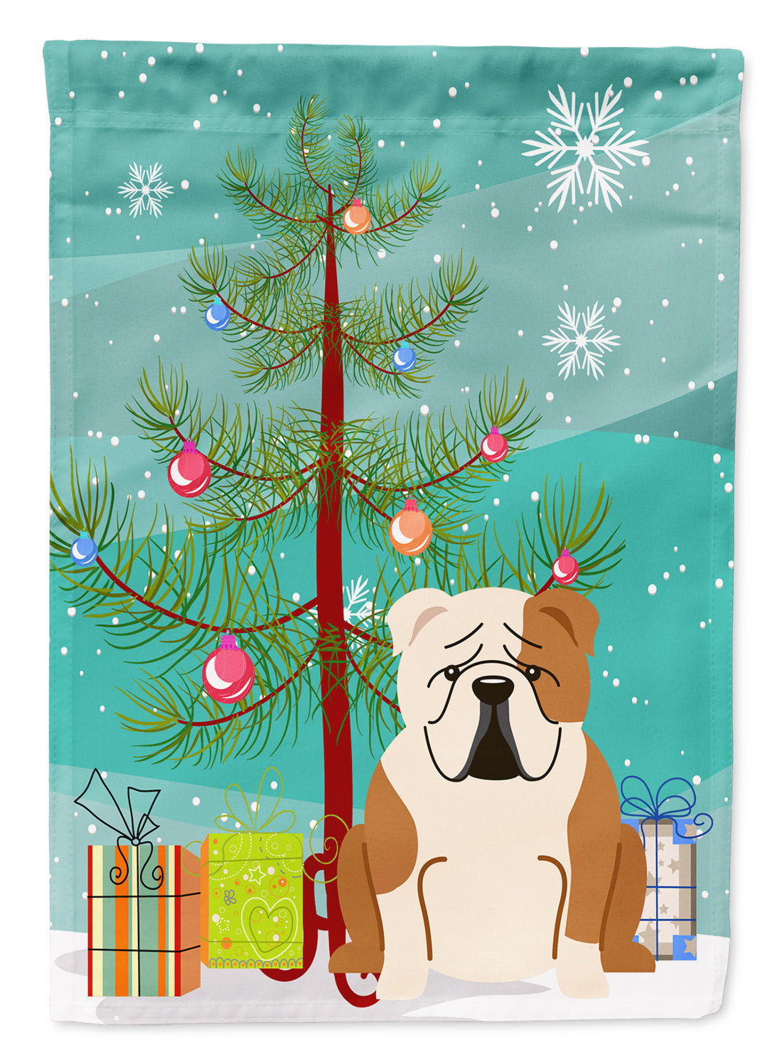 Merry Christmas Tree English Bulldog Fawn White Flag Garden Size BB4250GF  the-store.com.