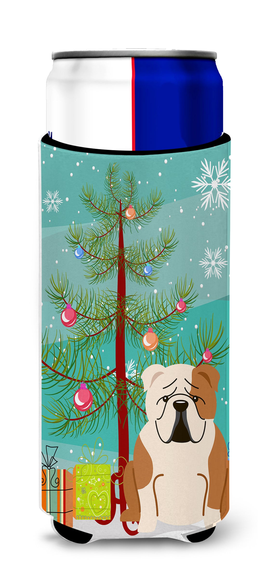 Merry Christmas Tree English Bulldog Fawn White  Ultra Hugger for slim cans BB4250MUK  the-store.com.