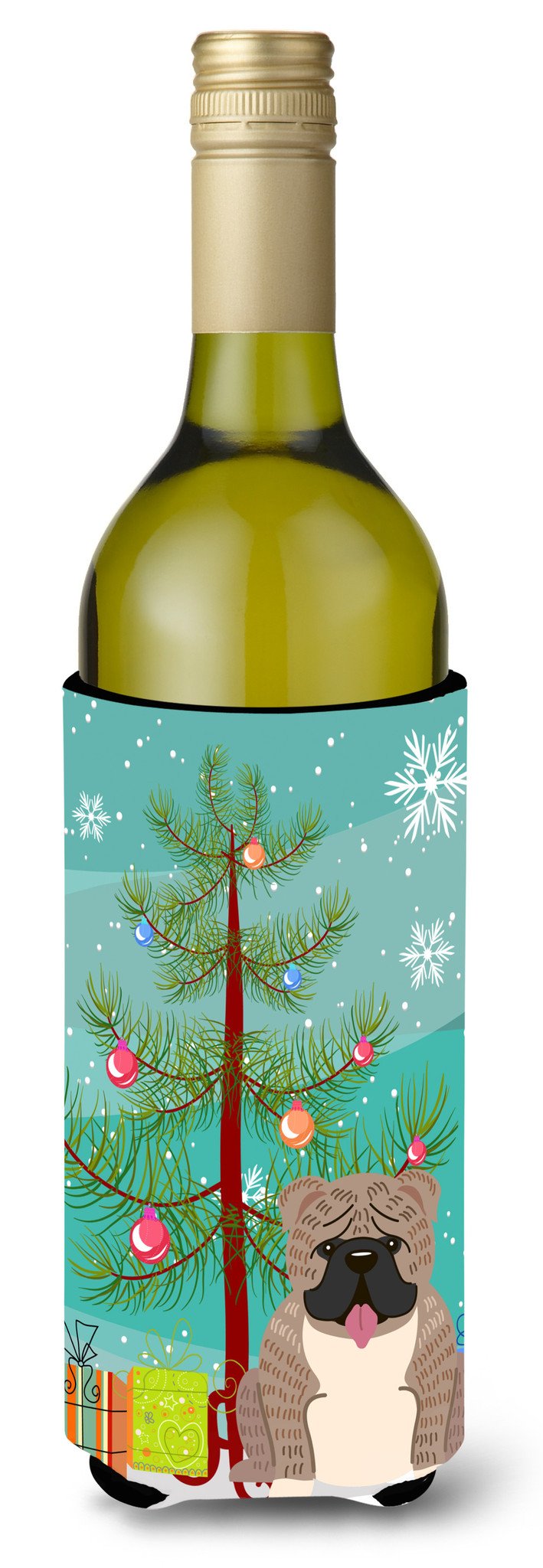 Merry Christmas Tree English Bulldog Grey Brindle  Wine Bottle Beverge Insulator Hugger BB4251LITERK by Caroline&#39;s Treasures