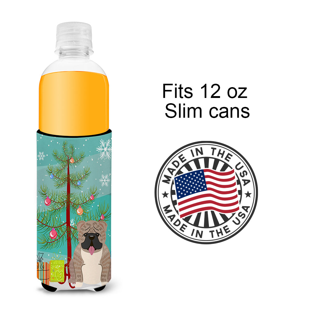 Merry Christmas Tree English Bulldog Grey Brindle   Ultra Hugger for slim cans BB4251MUK
