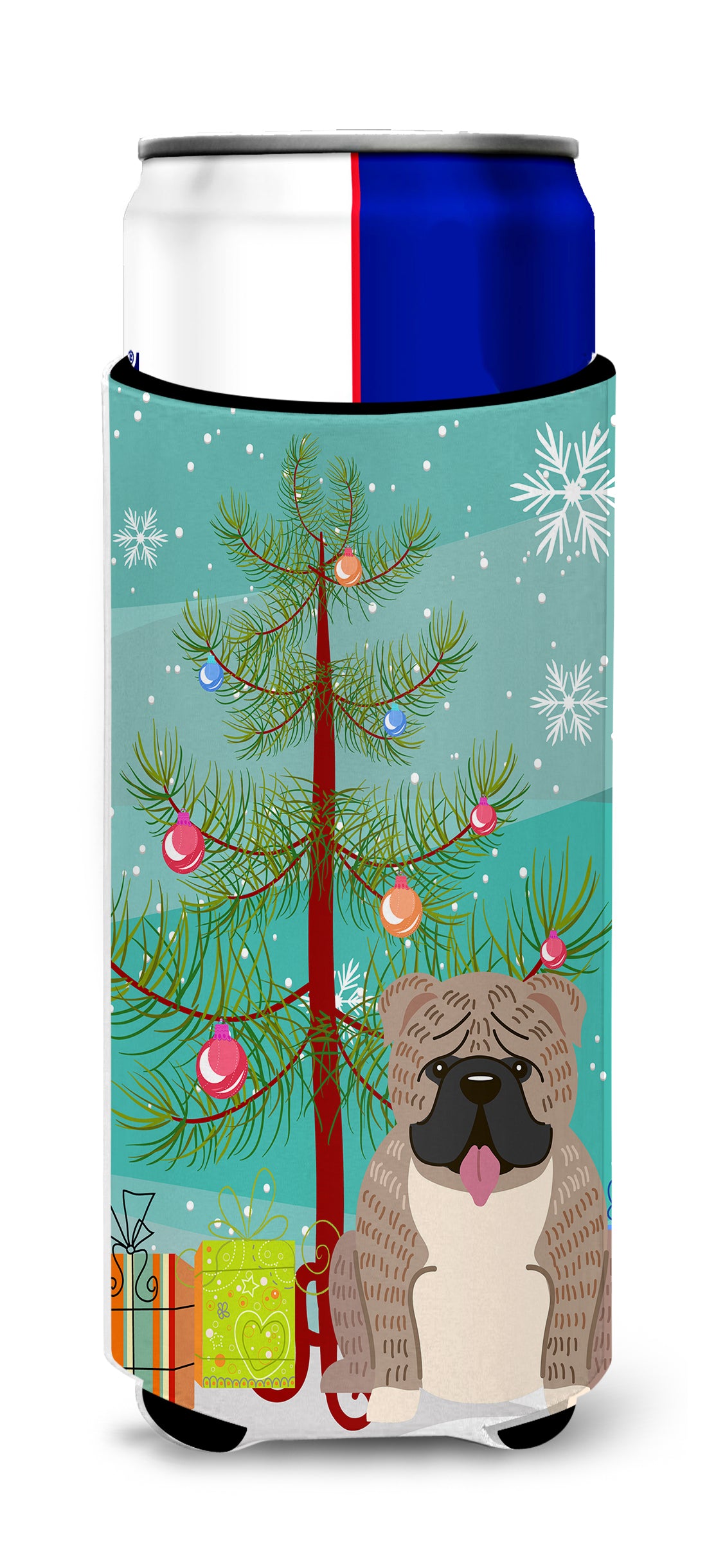 Merry Christmas Tree English Bulldog Grey Brindle   Ultra Hugger for slim cans BB4251MUK  the-store.com.