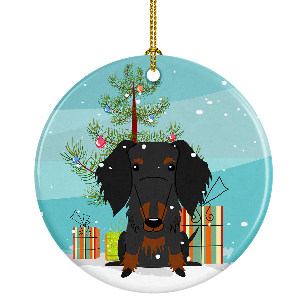 Merry Christmas Tree Wire Haired Dachshund Black Tan Ceramic Ornament BB4252CO1 - the-store.com