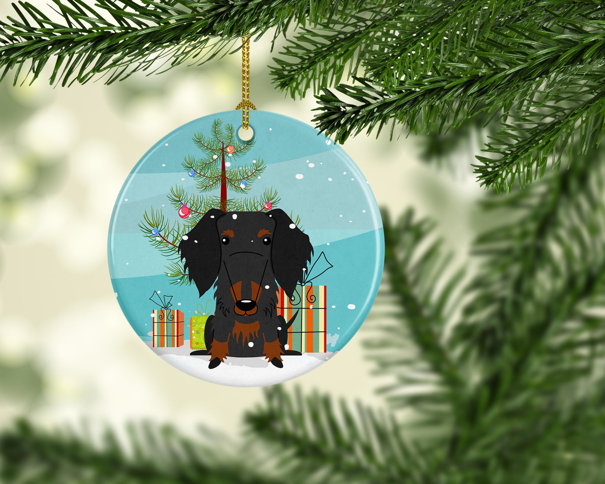 Merry Christmas Tree Wire Haired Dachshund Black Tan Ceramic Ornament BB4252CO1 - the-store.com