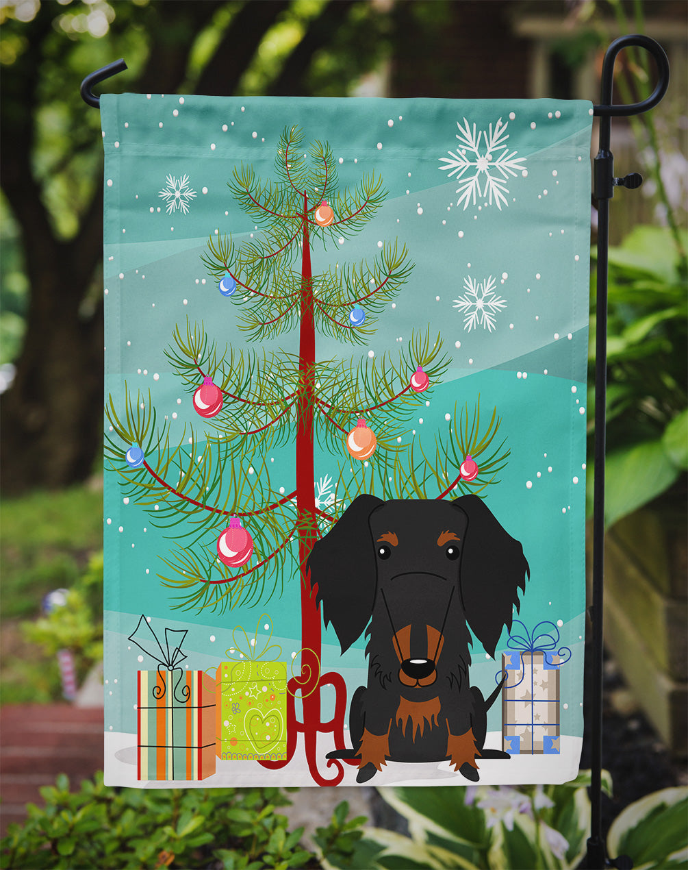 Merry Christmas Tree Wire Haired Dachshund Black Tan Flag Garden Size BB4252GF
