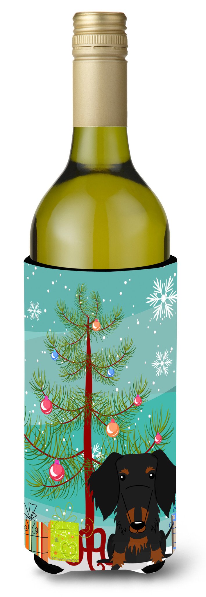 Merry Christmas Tree Wire Haired Dachshund Black Tan Wine Bottle Beverge Insulator Hugger BB4252LITERK by Caroline&#39;s Treasures