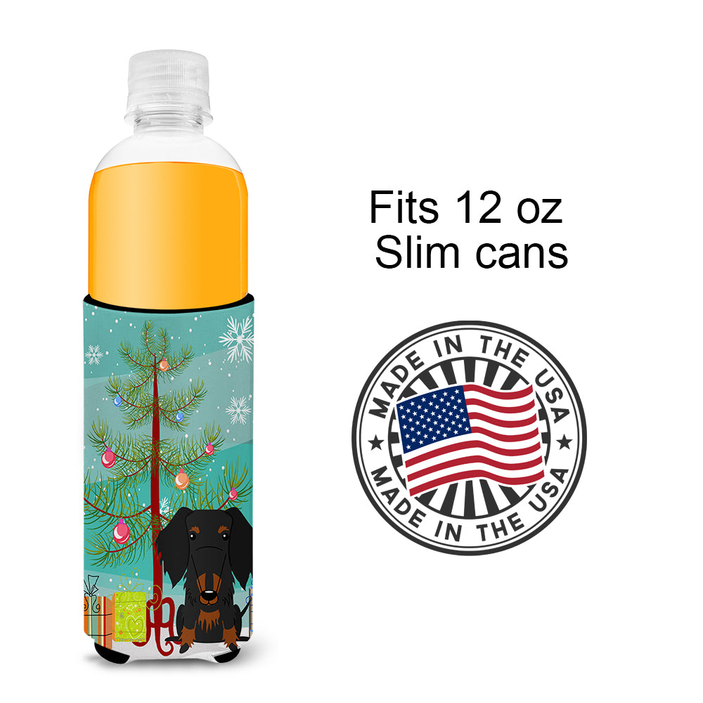 Merry Christmas Tree Wire Haired Dachshund Black Tan  Ultra Hugger for slim cans BB4252MUK