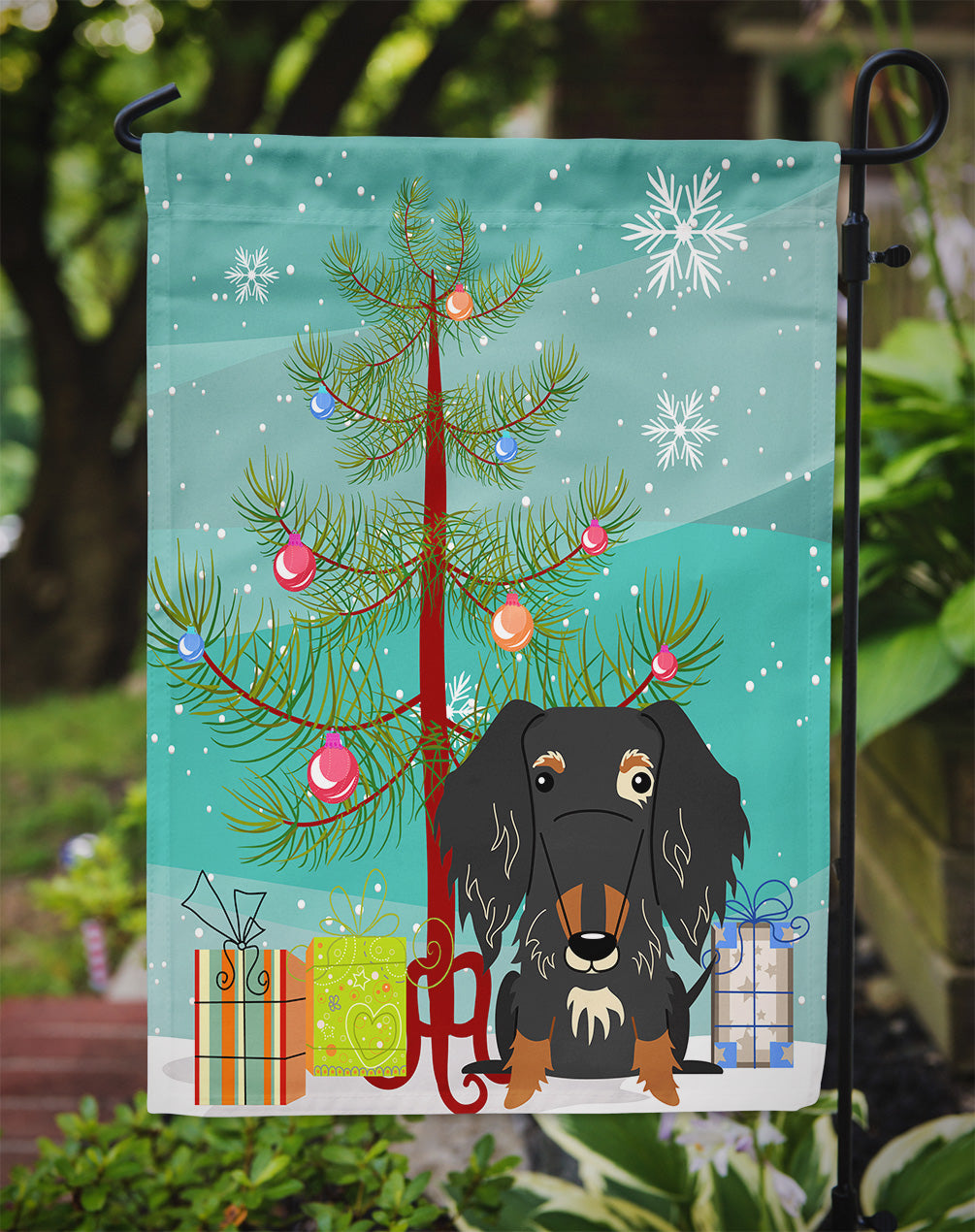 Merry Christmas Tree Wire Haired Dachshund Dapple Flag Garden Size BB4253GF