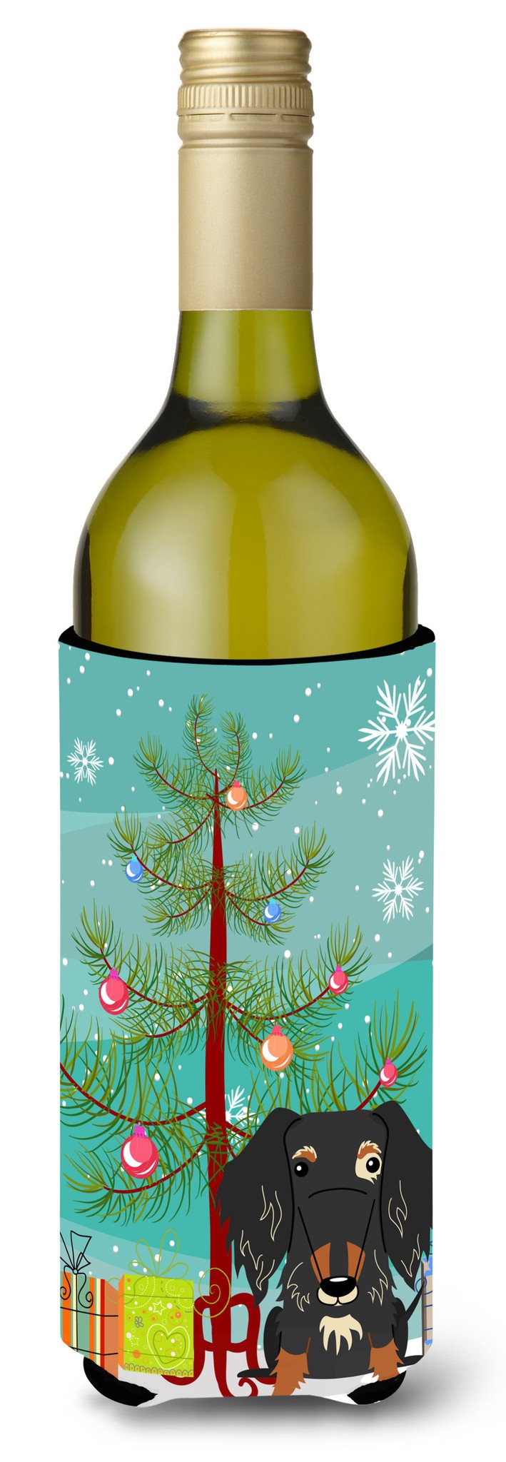 Merry Christmas Tree Wire Haired Dachshund Dapple Wine Bottle Beverge Insulator Hugger BB4253LITERK by Caroline&#39;s Treasures