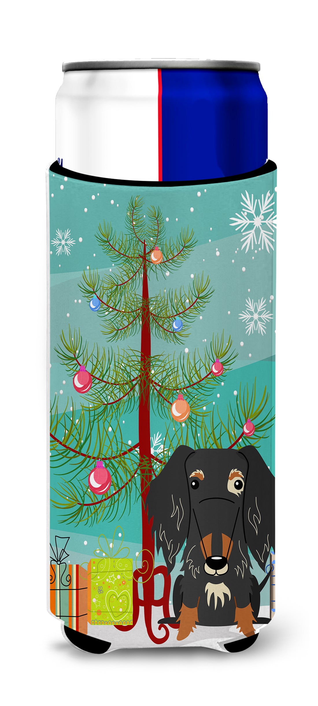 Merry Christmas Tree Wire Haired Dachshund Dapple  Ultra Hugger for slim cans BB4253MUK