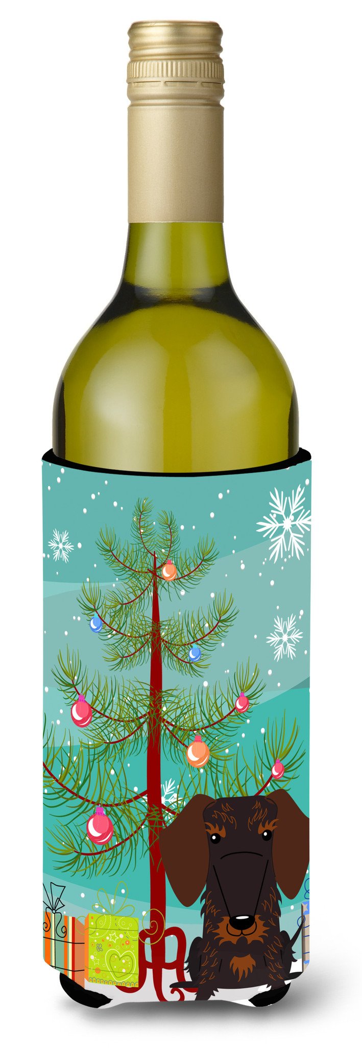 Merry Christmas Tree Wire Haired Dachshund Chocolate Wine Bottle Beverge Insulator Hugger BB4254LITERK by Caroline&#39;s Treasures