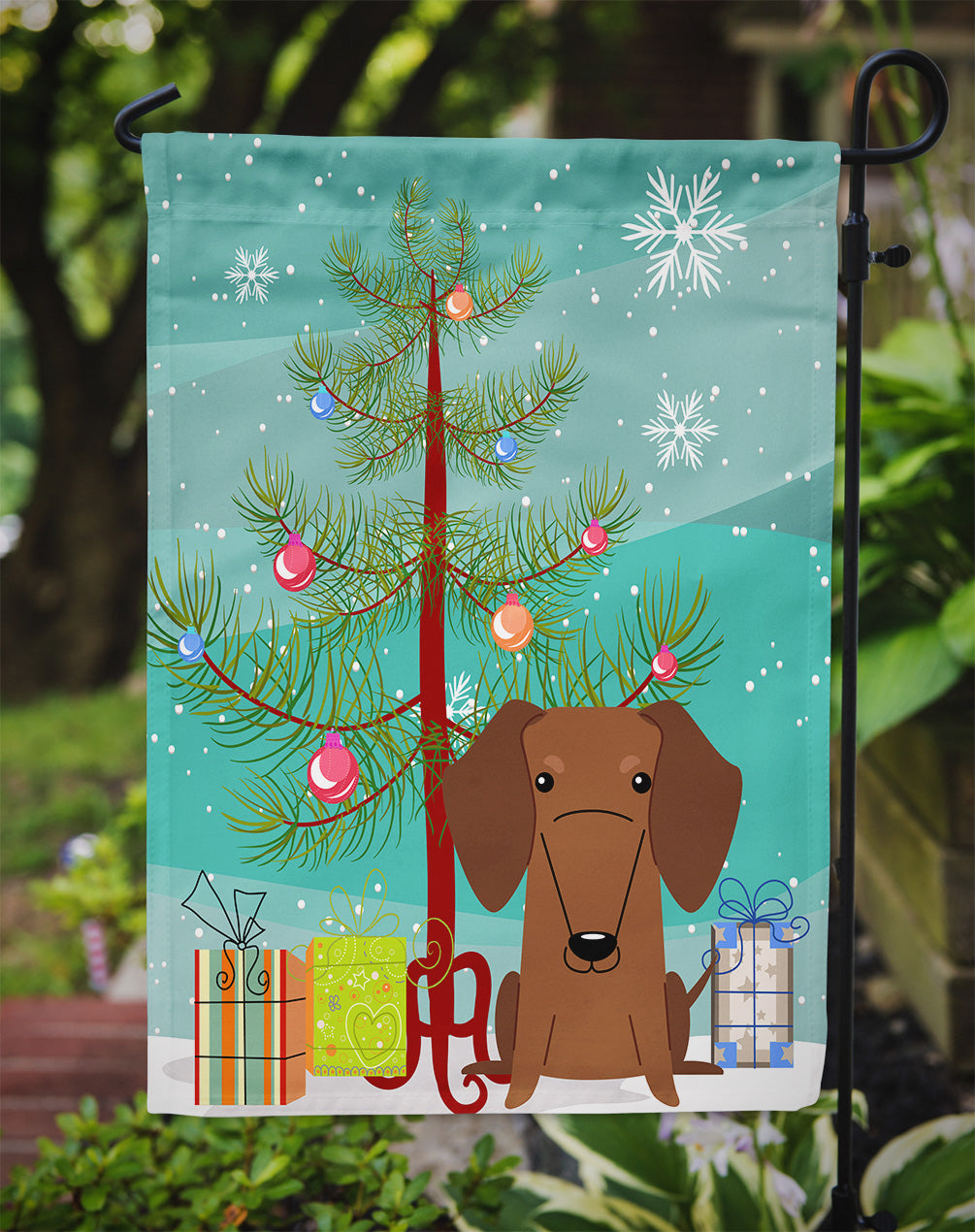 Merry Christmas Tree Dachshund Red Brown Flag Garden Size BB4255GF  the-store.com.