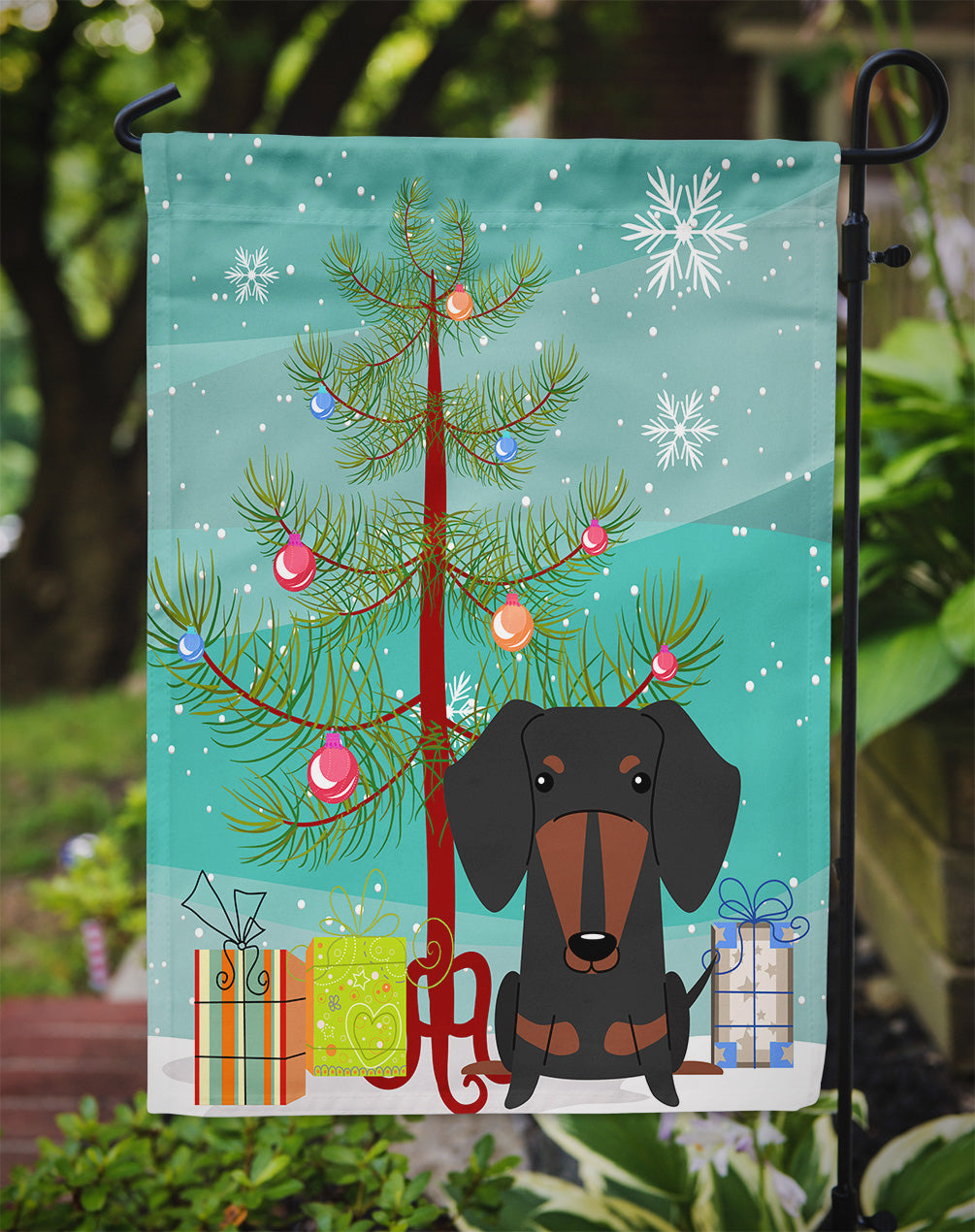 Merry Christmas Tree Dachshund Black Tan Flag Garden Size BB4257GF