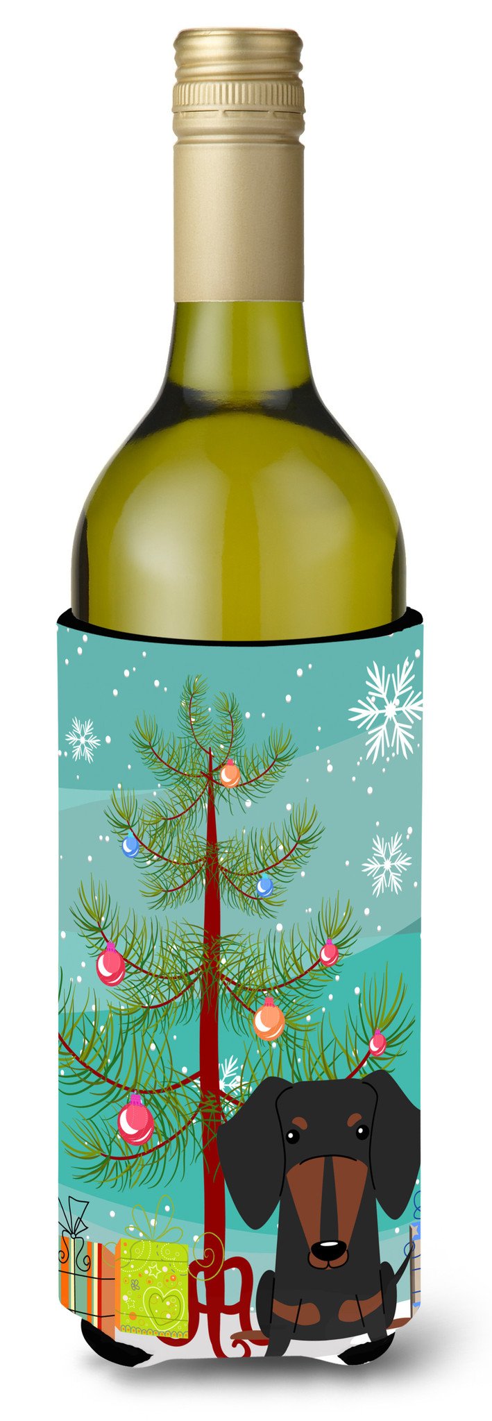 Merry Christmas Tree Dachshund Black Tan Wine Bottle Beverge Insulator Hugger BB4257LITERK by Caroline&#39;s Treasures
