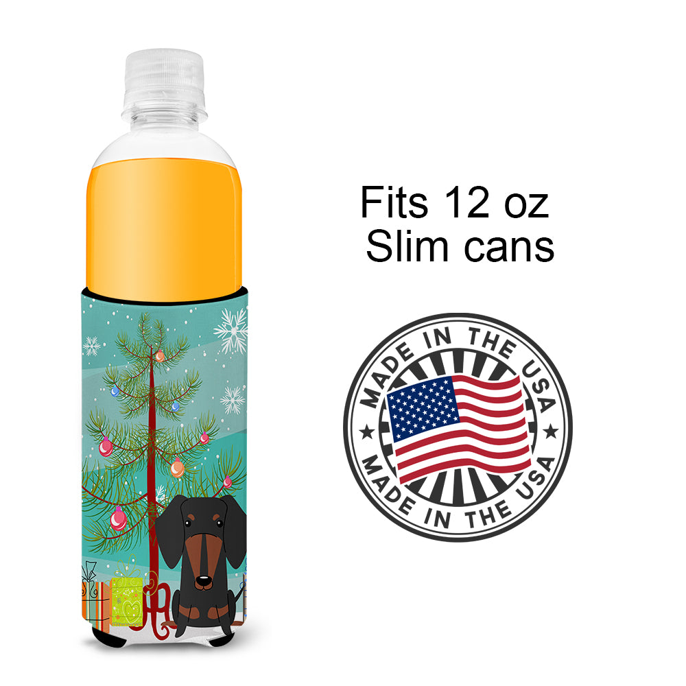 Merry Christmas Tree Dachshund Black Tan  Ultra Hugger for slim cans BB4257MUK