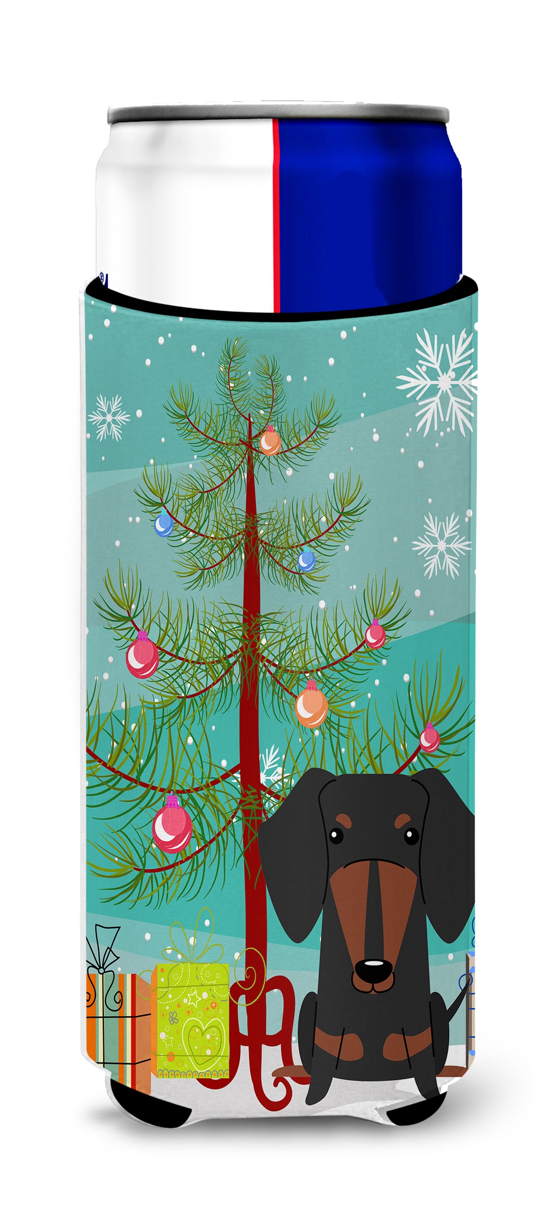 Merry Christmas Tree Dachshund Black Tan  Ultra Hugger for slim cans BB4257MUK