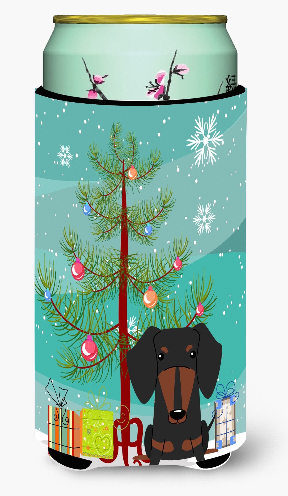 Merry Christmas Tree Dachshund Black Tan Tall Boy Beverage Insulator Hugger BB4257TBC by Caroline&#39;s Treasures