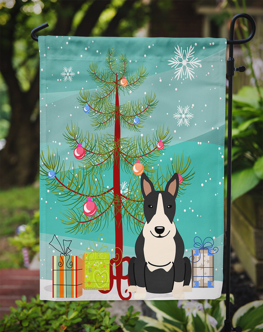 Merry Christmas Tree Bull Terrier Black White Flag Garden Size BB4258GF  the-store.com.