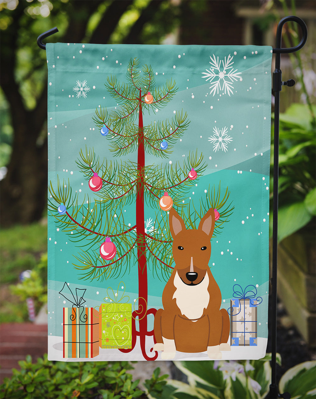 Merry Christmas Tree Bull Terrier Red Flag Garden Size BB4259GF  the-store.com.