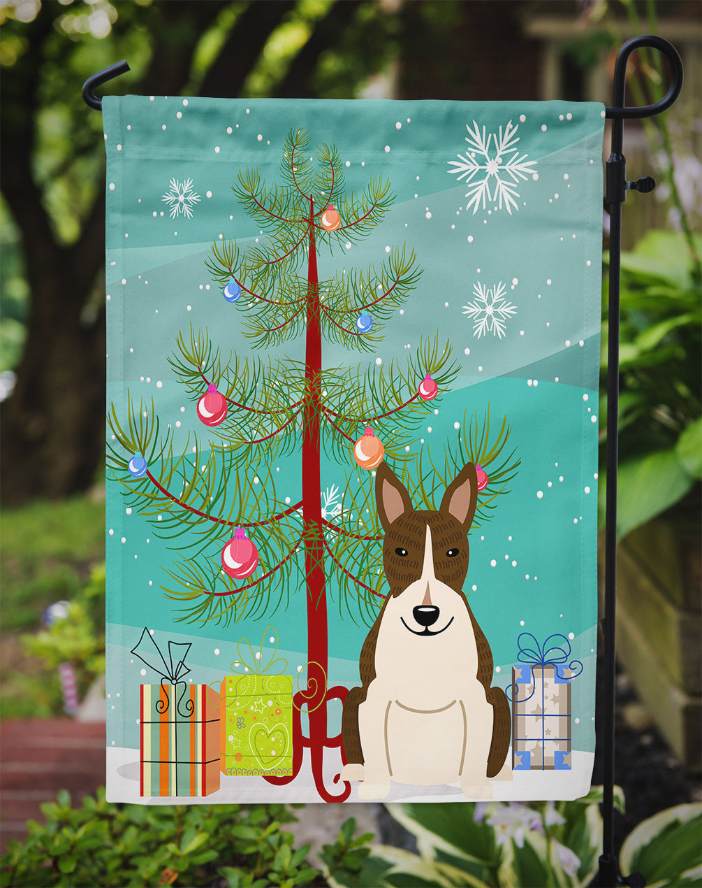 Merry Christmas Tree Bull Terrier Dark Brindle Flag Garden Size BB4261GF  the-store.com.