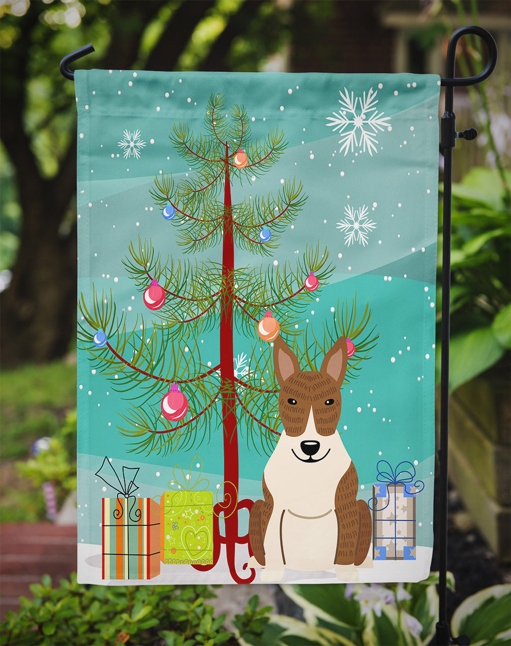 Merry Christmas Tree Bull Terrier Brindle Flag Garden Size BB4262GF  the-store.com.
