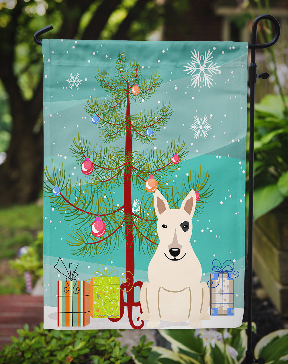 Merry Christmas Tree Bull Terrier White Flag Garden Size BB4263GF  the-store.com.