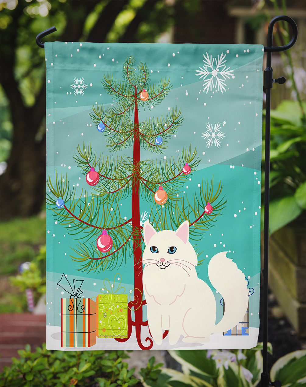 Drapeau de sapin de Noël joyeux chat angora turc taille jardin BB4413GF