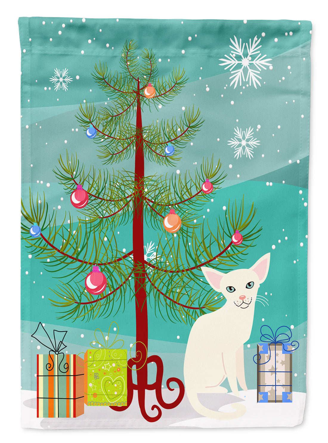 Drapeau d&#39;arbre de Noël joyeux chat blanc étranger taille de jardin BB4420GF