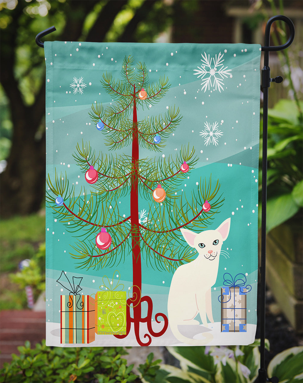 Drapeau d'arbre de Noël joyeux chat blanc étranger taille de jardin BB4420GF