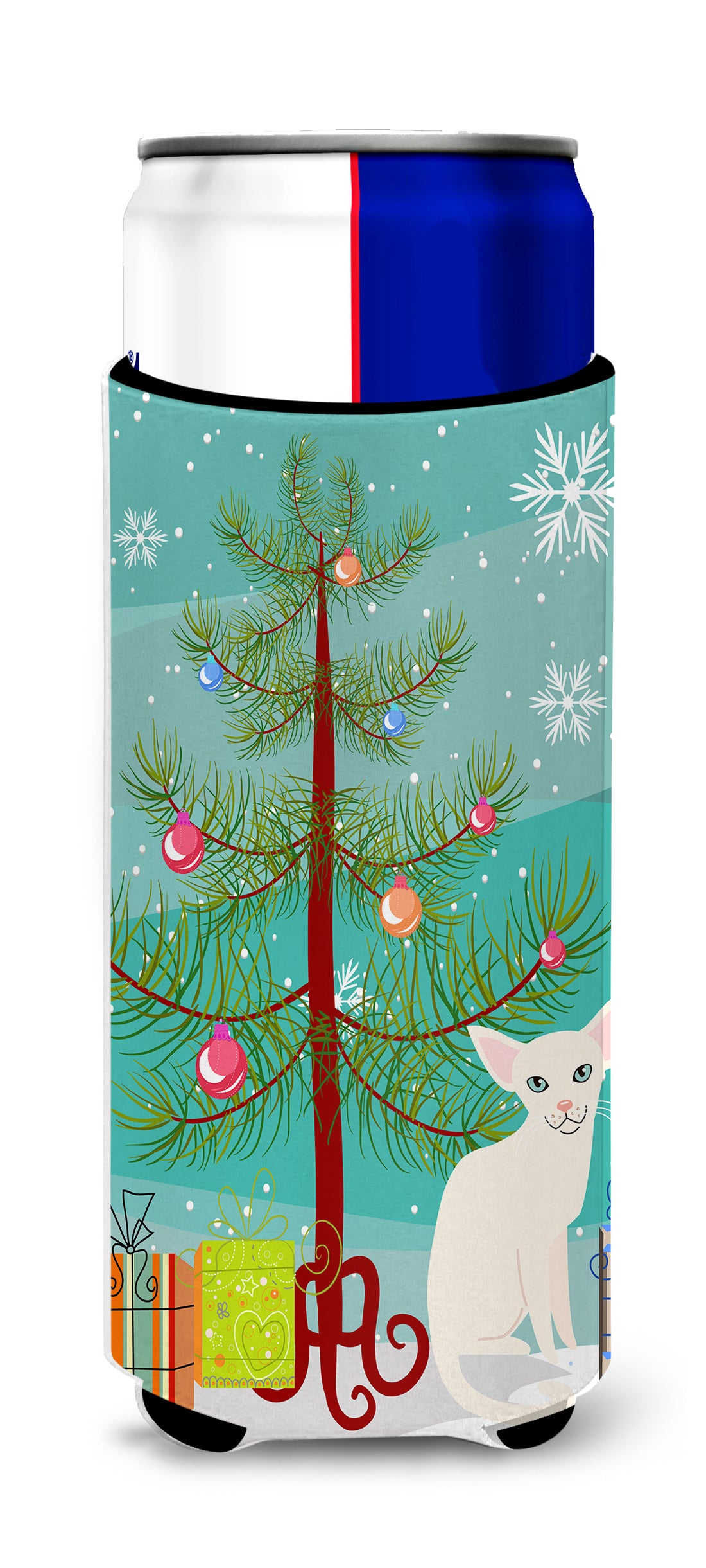 Chat blanc étranger Merry Christmas Tree Michelob Ultra Hugger pour canettes minces BB4420MUK