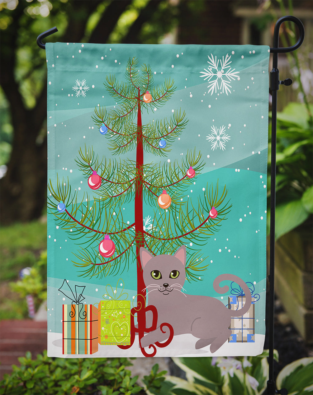 Russian Blue Cat Merry Christmas Tree Flag Garden Size BB4427GF  the-store.com.