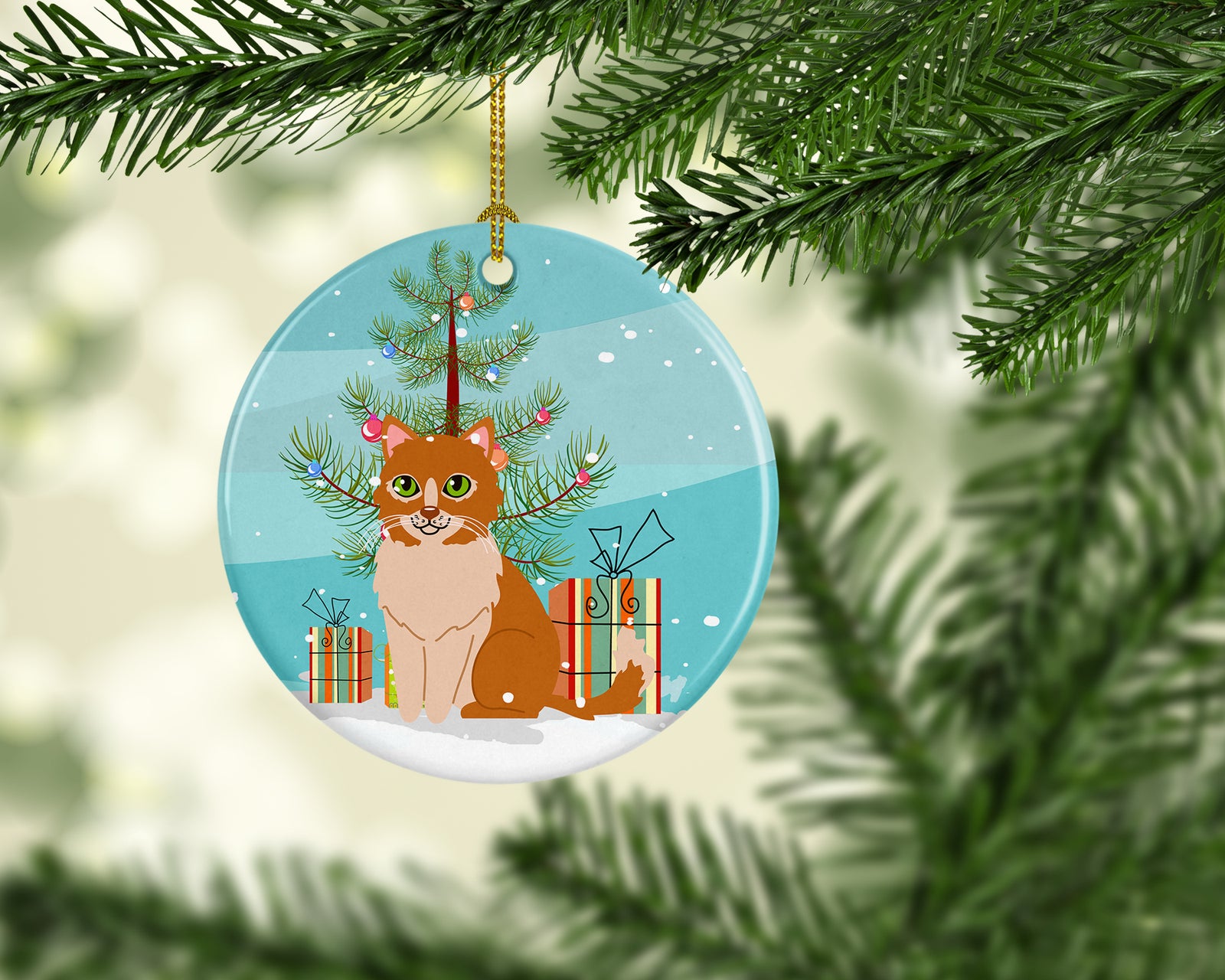 Caroline's Treasures Merry Christmas Tree Ural Rex Cat Ornament - Round Ceramic Ornament – Artist-Designed Keepsake Decoration BB4435CO1