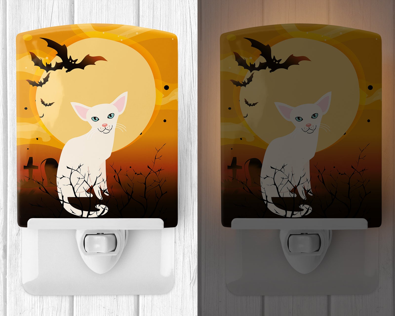 Caroline's Treasures Halloween Foreign White Cat Ceramic Night Light BB4445CNL