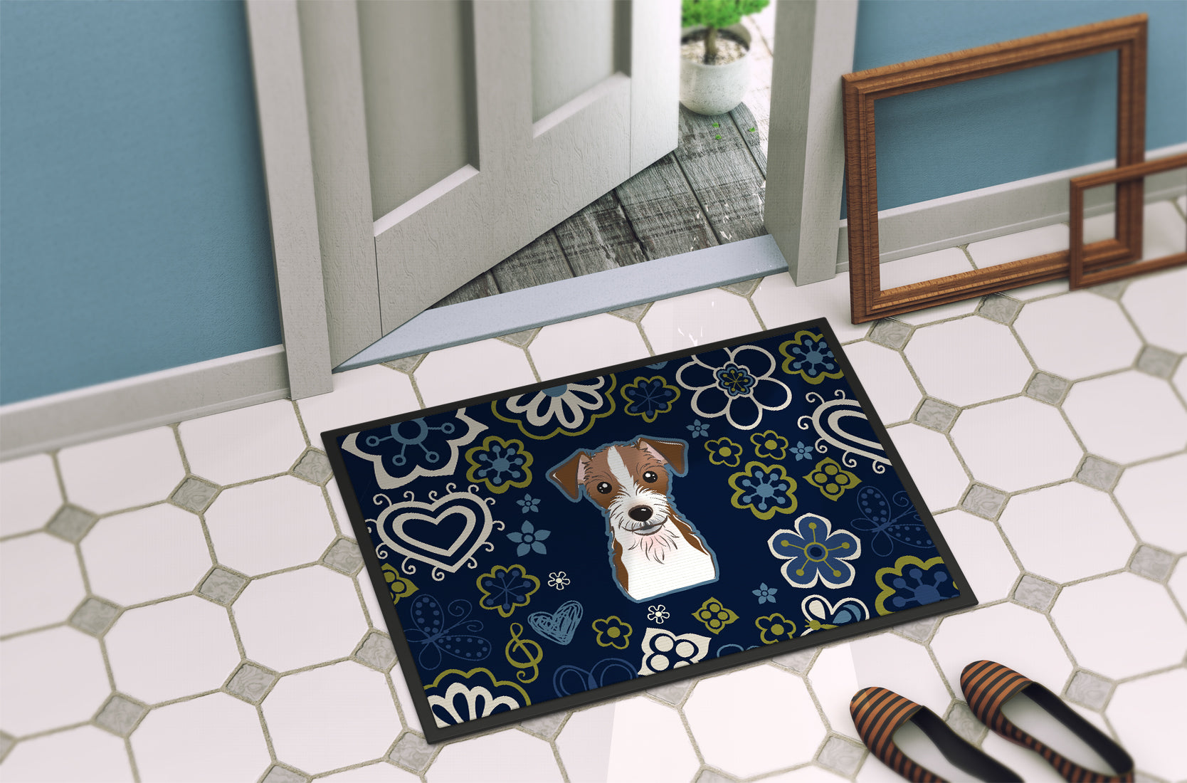 Blue Flowers Jack Russell Terrier Indoor or Outdoor Mat 18x27 BB5053MAT - the-store.com