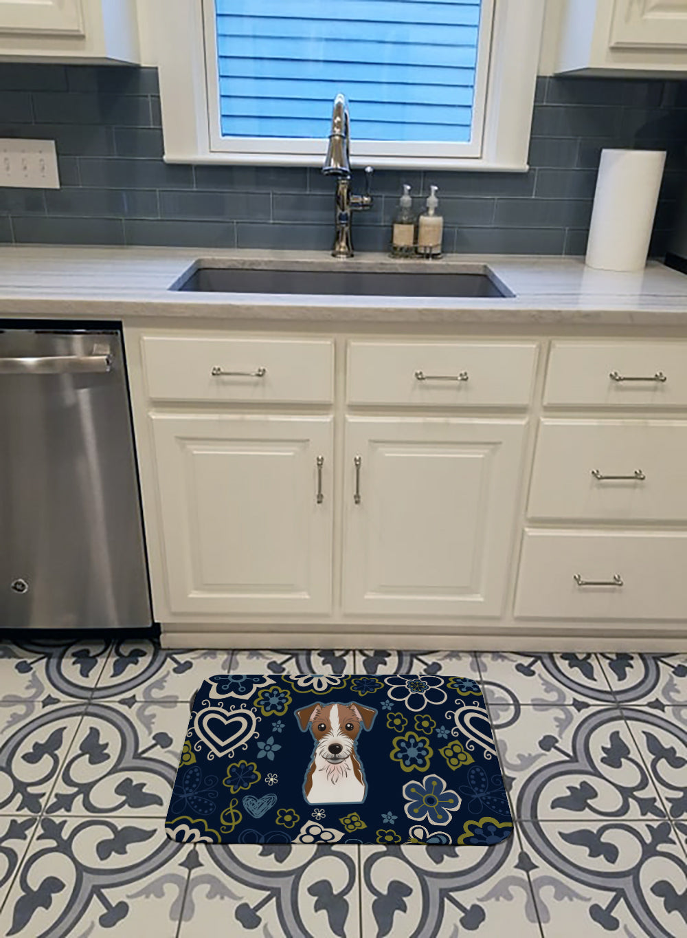 Blue Flowers Jack Russell Terrier Machine Washable Memory Foam Mat BB5053RUG - the-store.com