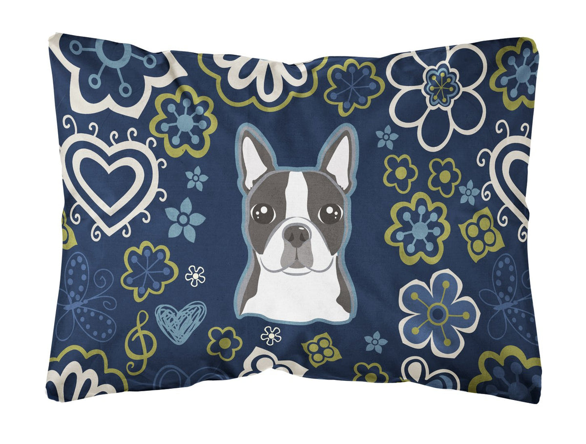 Blue Flowers Boston Terrier Canvas Fabric Decorative Pillow BB5054PW1216 by Caroline&#39;s Treasures