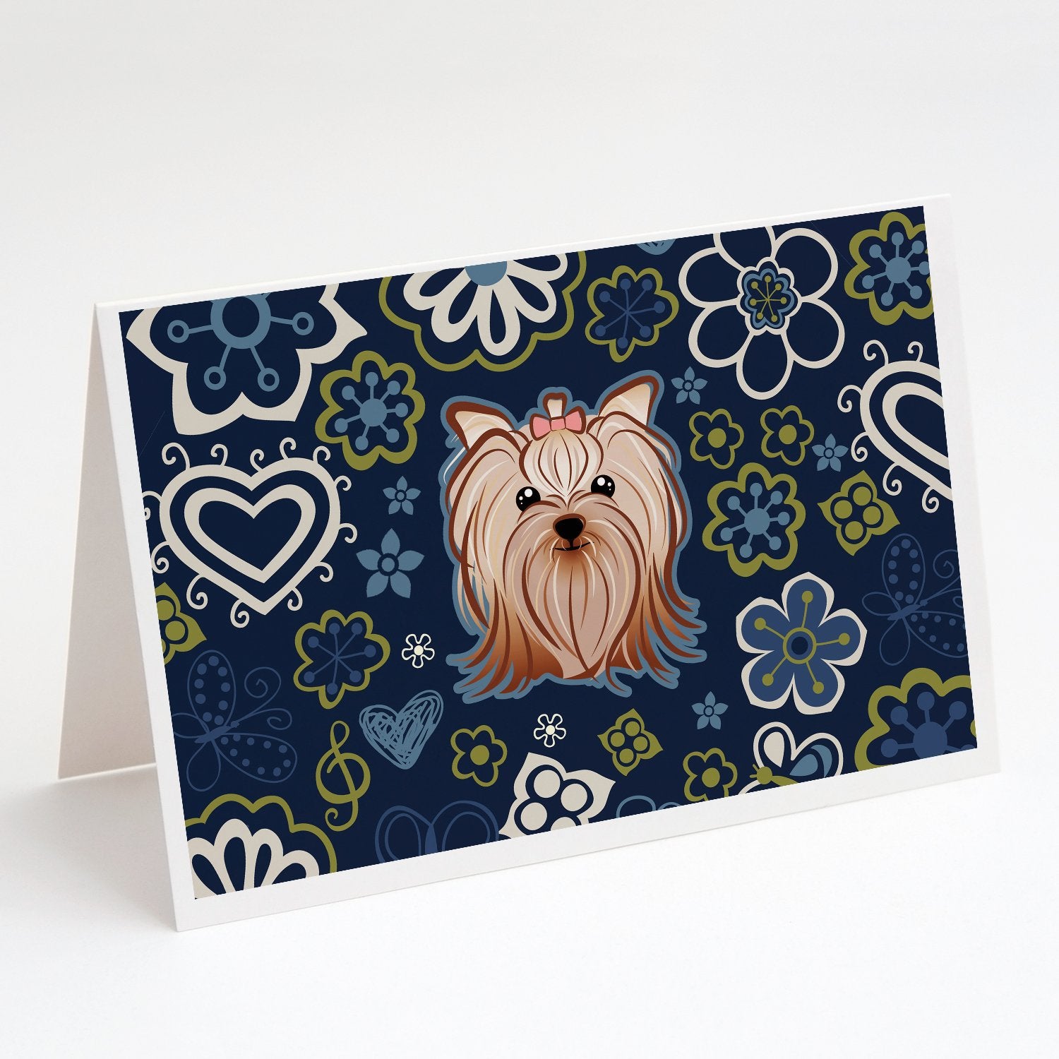 Buy this Blue Flowers Yorkie Yorkishire Terrier Greeting Cards and Envelopes Pack of 8