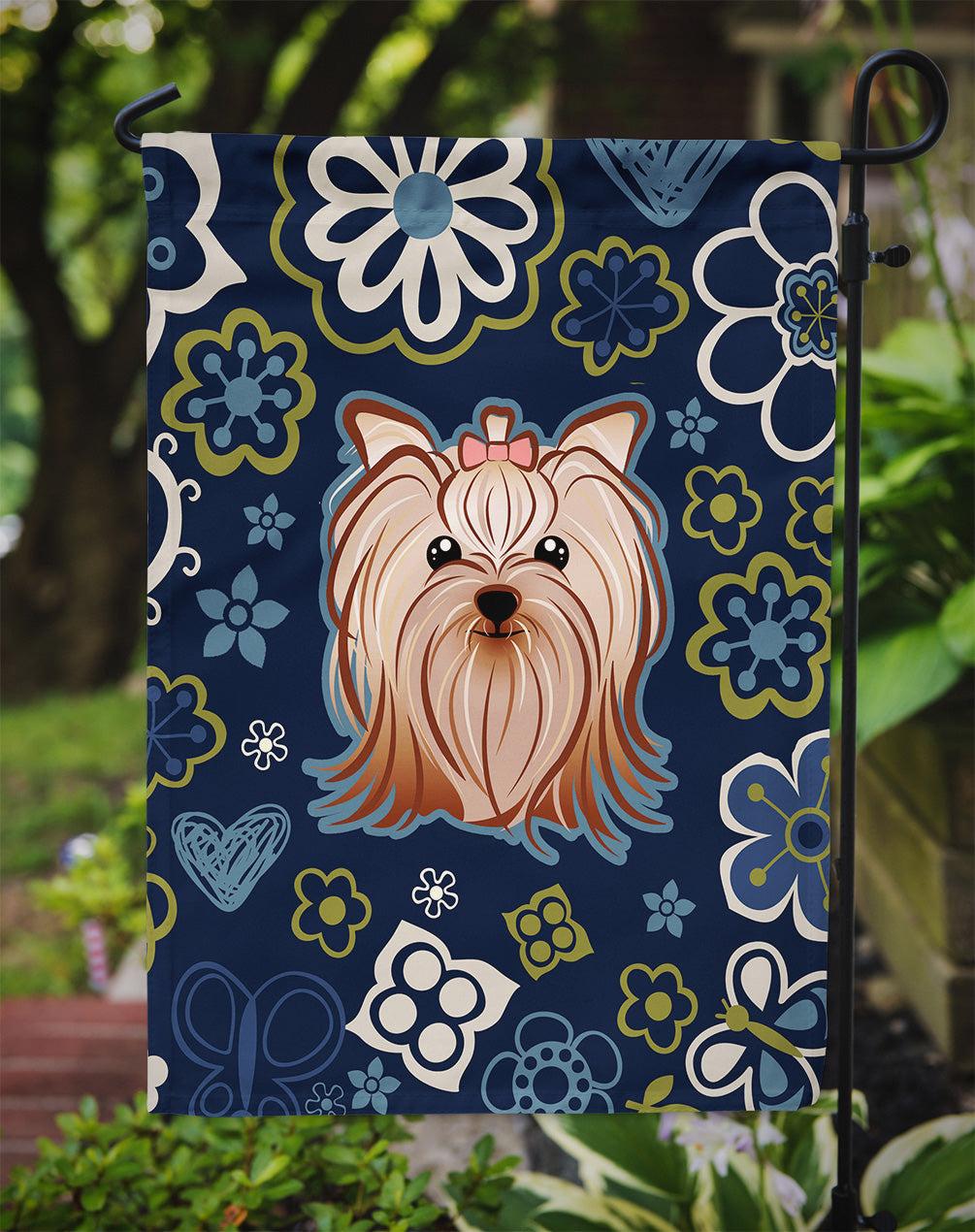 Blue Flowers Yorkie Yorkishire Terrier Flag Garden Size  the-store.com.