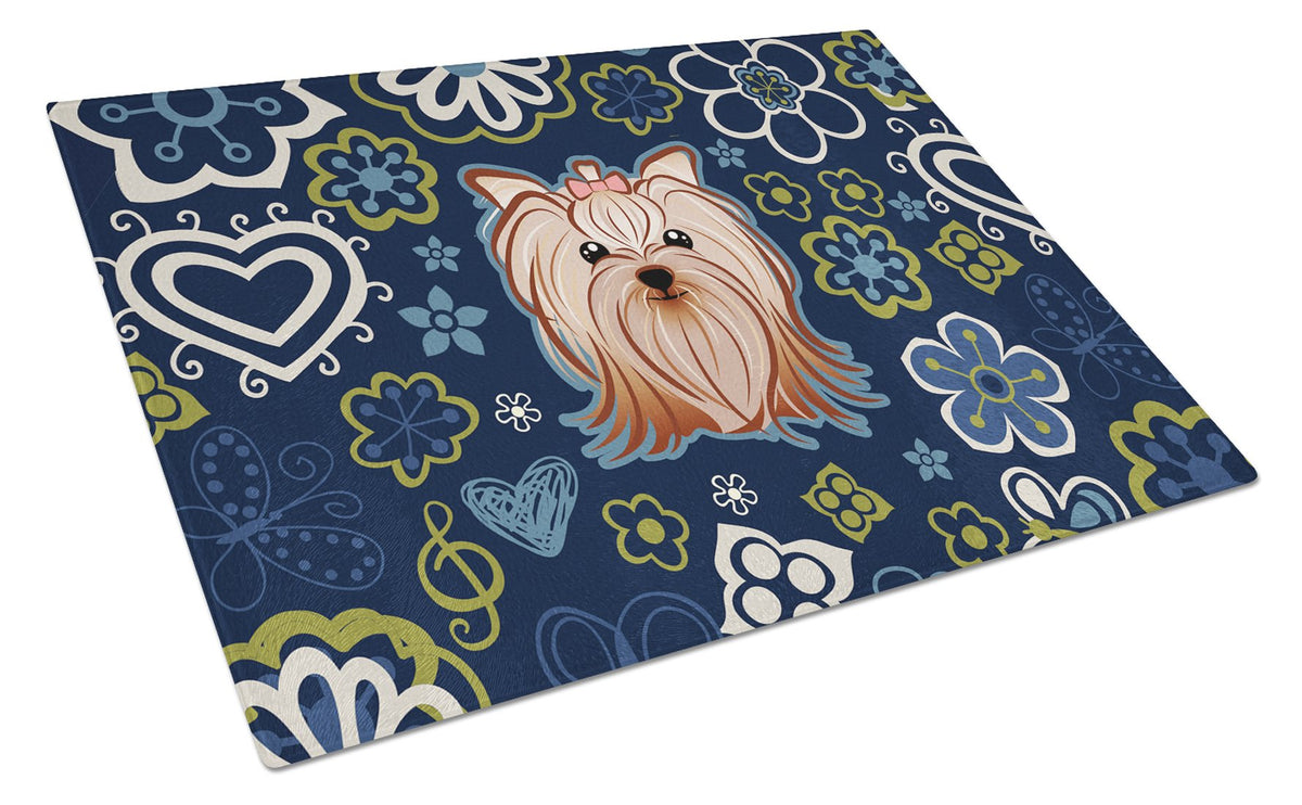 Blue Flowers Yorkie Yorkishire Terrier Glass Cutting Board Large BB5055LCB by Caroline&#39;s Treasures