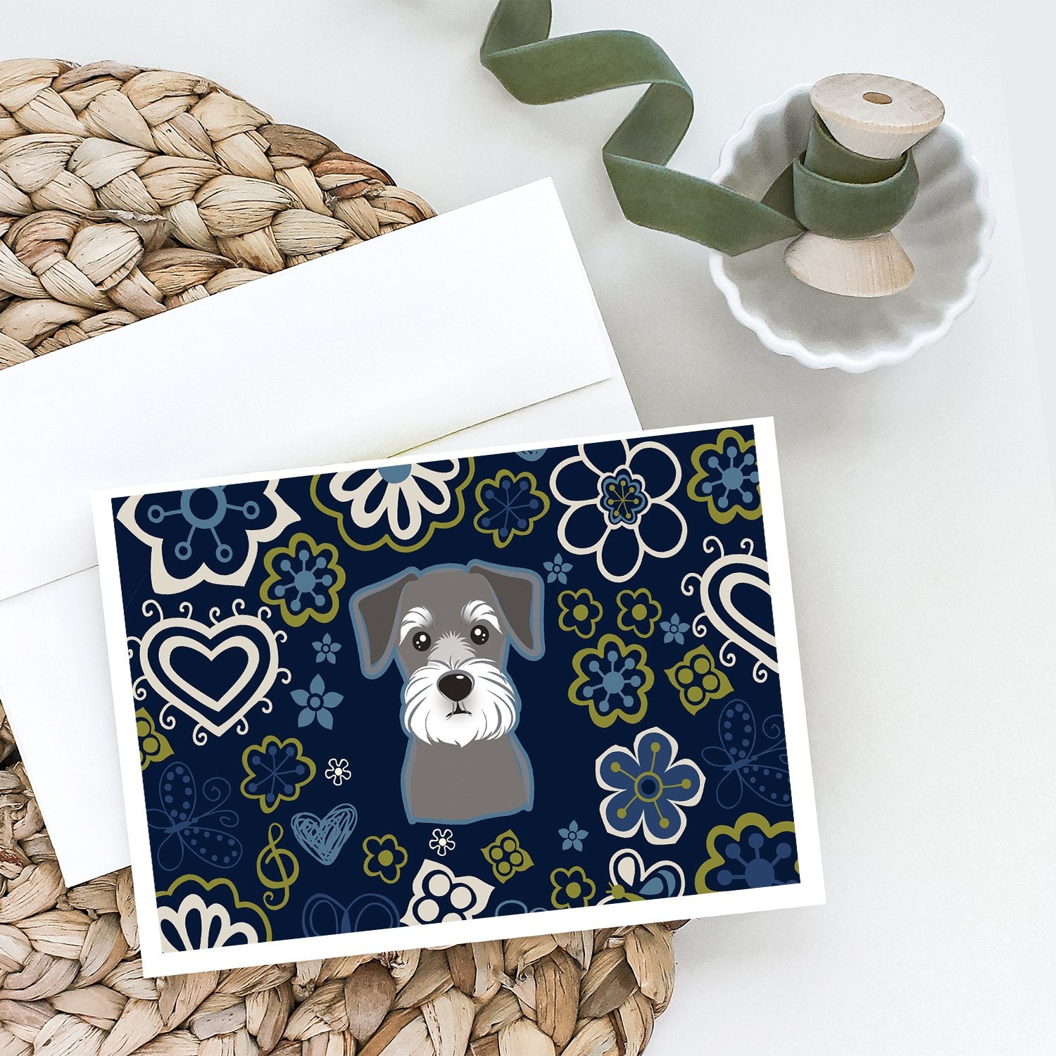 Blue Flowers Schnauzer Greeting Cards and Envelopes Pack of 8 - the-store.com