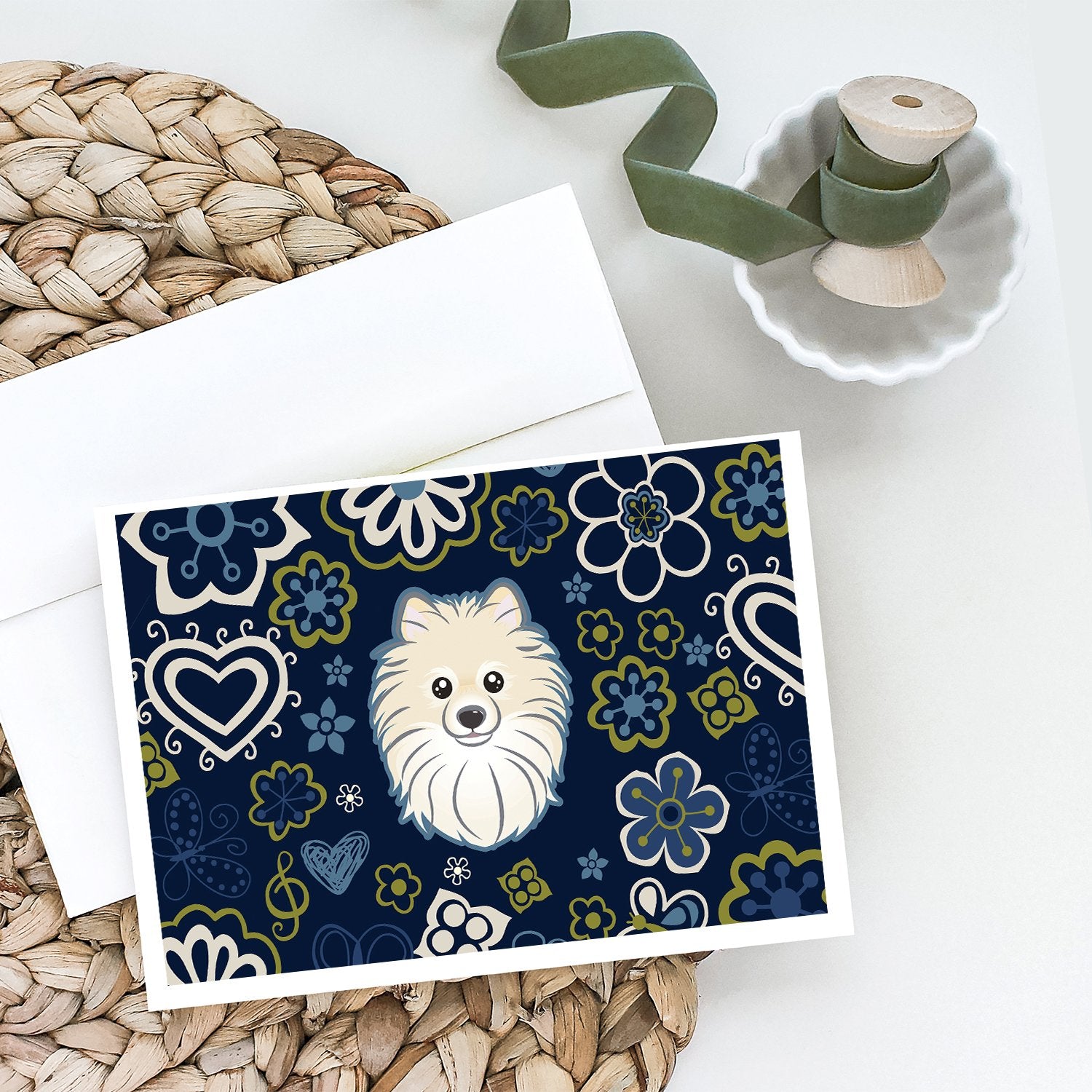 Buy this Blue Flowers Pomeranian Greeting Cards and Envelopes Pack of 8