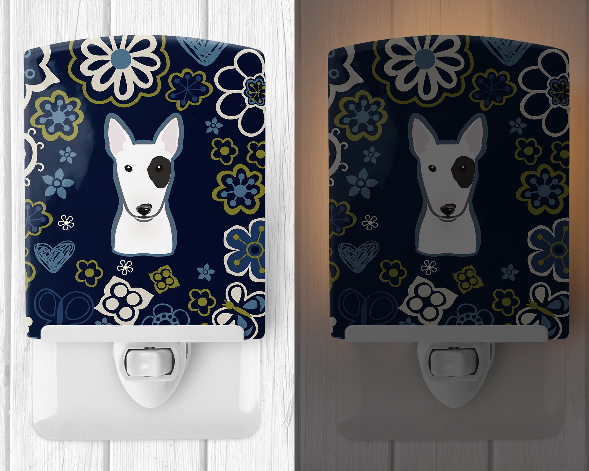 Blue Flowers Bull Terrier Ceramic Night Light BB5060CNL - the-store.com