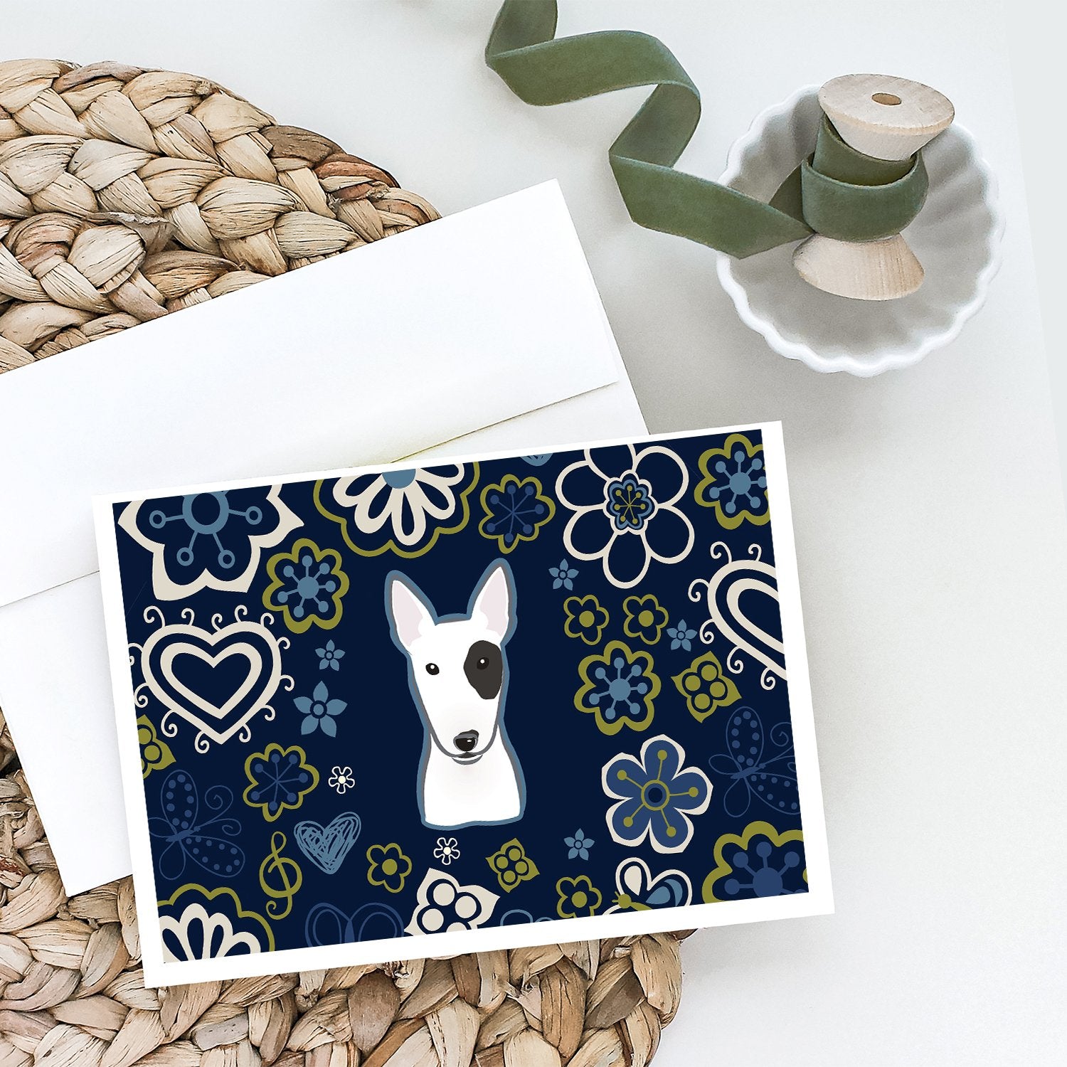 Blue Flowers Bull Terrier Greeting Cards and Envelopes Pack of 8 - the-store.com