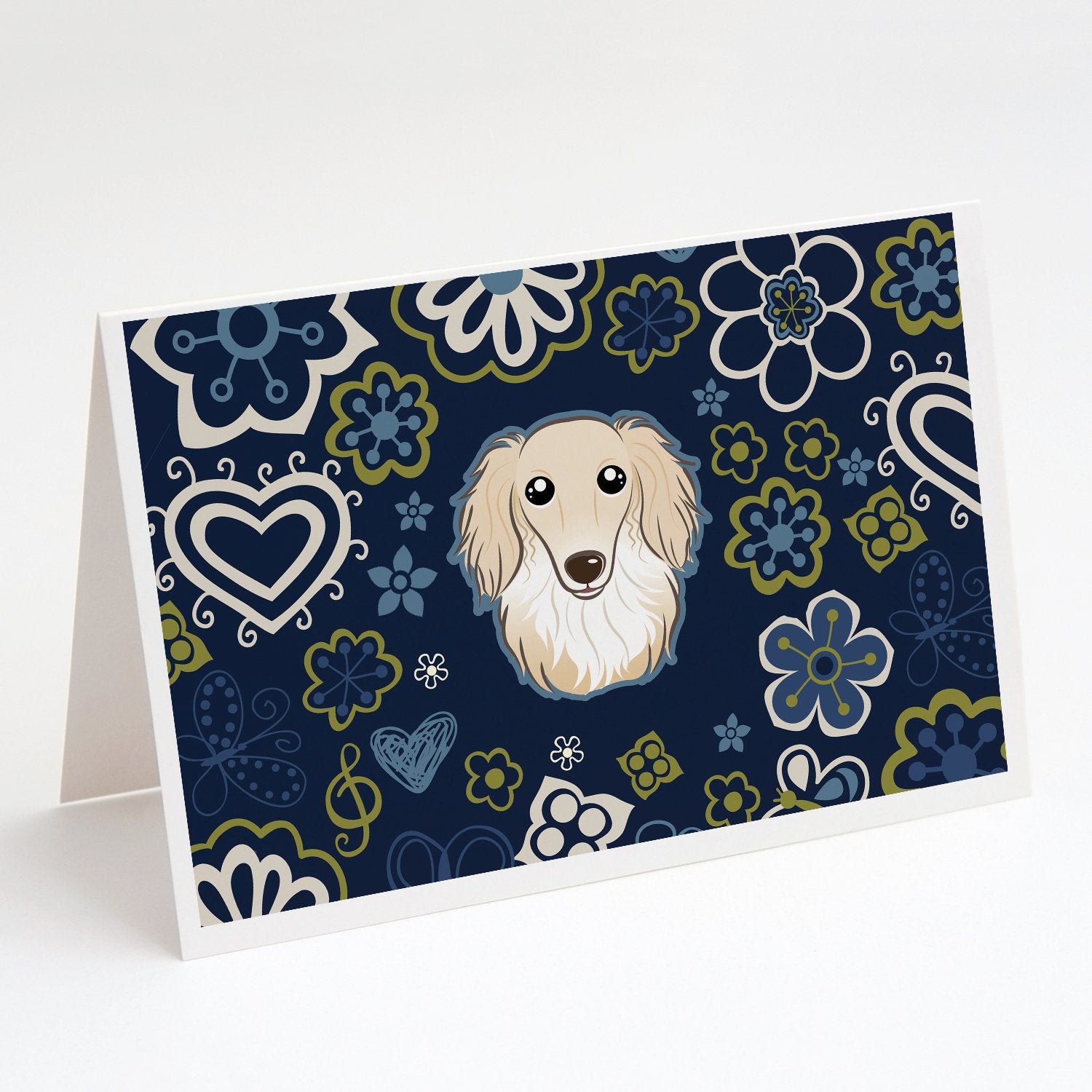 Buy this Blue Flowers Longhair Creme Dachshund Greeting Cards and Envelopes Pack of 8