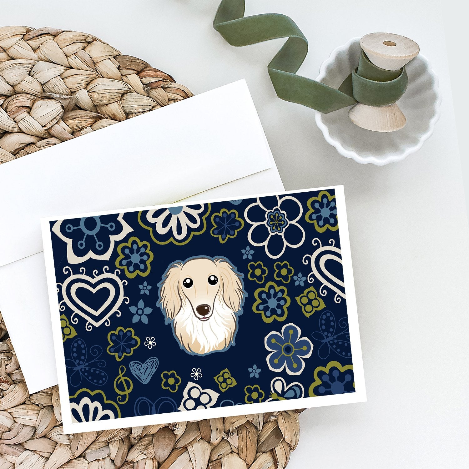 Blue Flowers Longhair Creme Dachshund Greeting Cards and Envelopes Pack of 8 - the-store.com