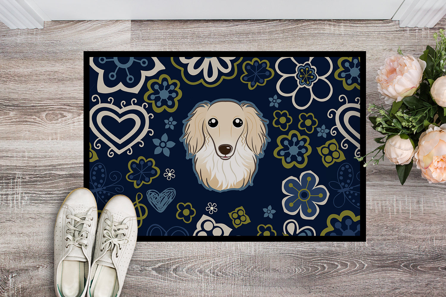 Blue Flowers Longhair Creme Dachshund Indoor or Outdoor Mat 18x27 BB5063MAT - the-store.com