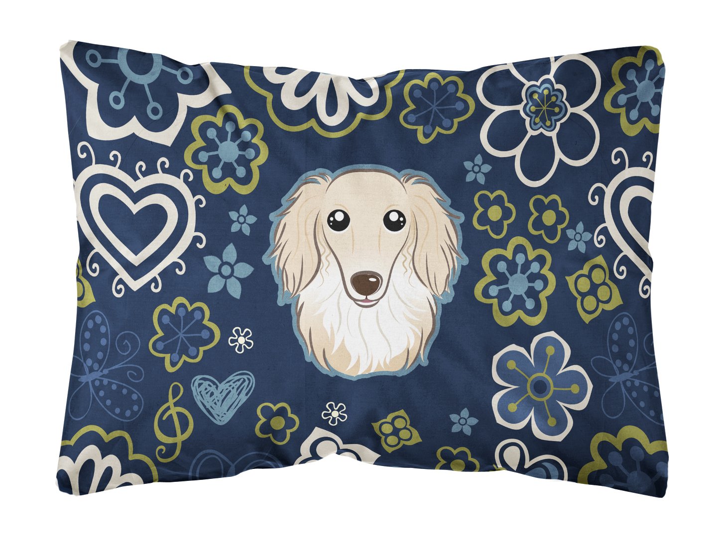 Blue Flowers Longhair Creme Dachshund Canvas Fabric Decorative Pillow BB5063PW1216 by Caroline's Treasures