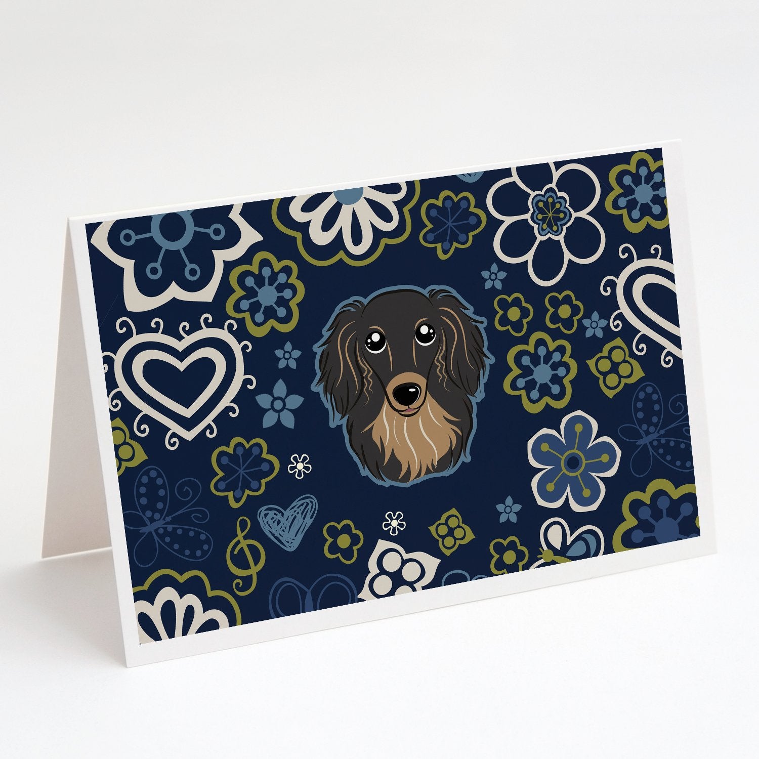 Buy this Blue Flowers Longhair Black and Tan Dachshund Greeting Cards and Envelopes Pack of 8