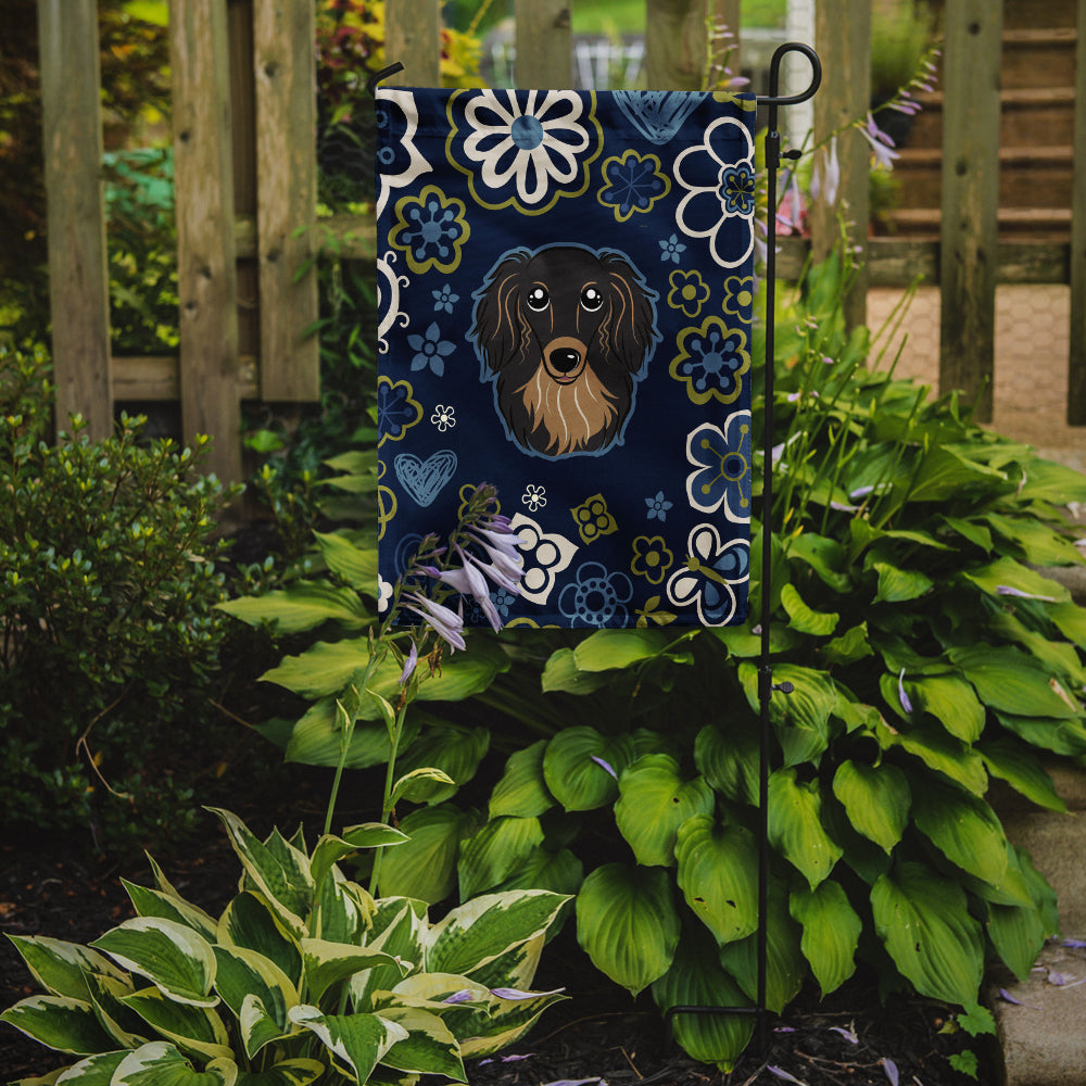 Blue Flowers Longhair Black and Tan Dachshund Flag Garden Size BB5064GF