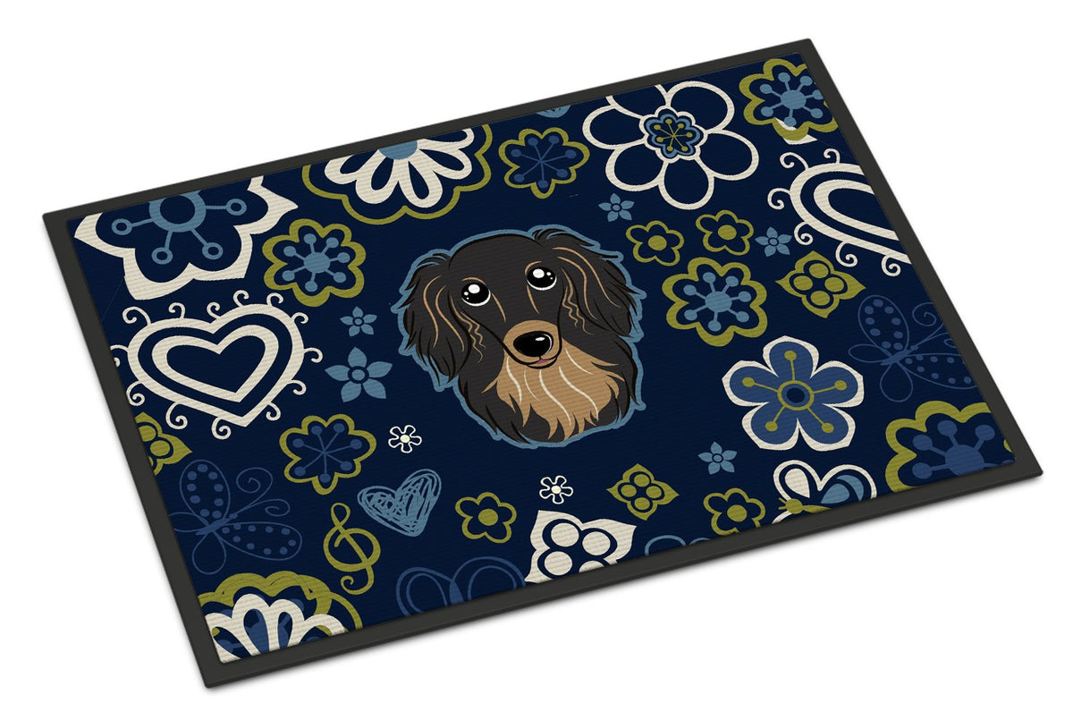 Blue Flowers Longhair Black and Tan Dachshund Indoor or Outdoor Mat 24x36 BB5064JMAT by Caroline&#39;s Treasures