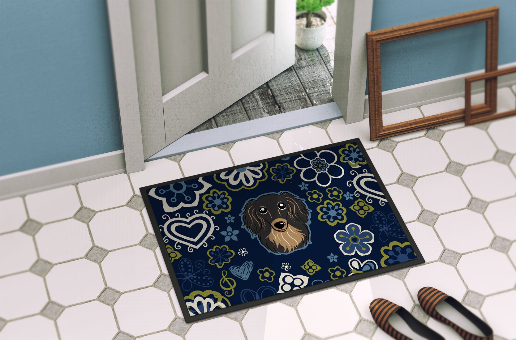 Blue Flowers Longhair Black and Tan Dachshund Indoor or Outdoor Mat 24x36 BB5064JMAT by Caroline's Treasures